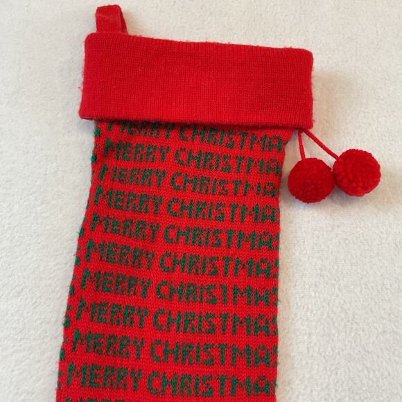 Dept 56 Knit Stocking Merry Christmas Red Green Vintage 1983 Taiwan Pom Poms - Picture 2 of 10